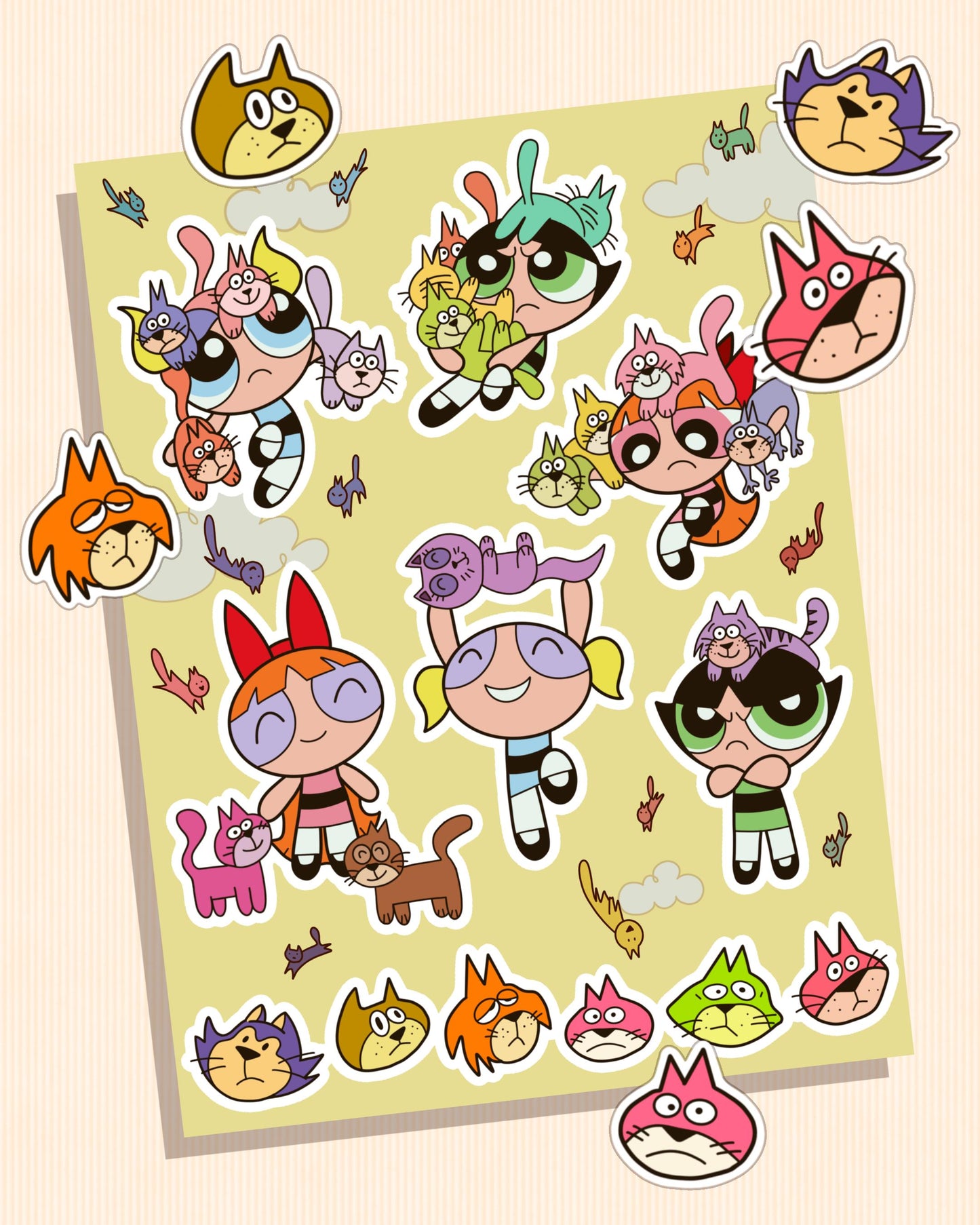 Cat Chaos Sticker Sheet | Colorful Cats Inspired by 90s Cartoon Nostalgia - Cute Superhero Girls Retro Chibi