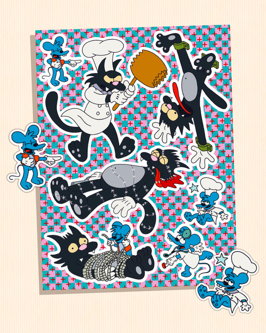 Retro Cartoon Chaos Sticker Sheet | Nostalgic Stickers for Fans of 90s Animation - Cat and Mouse Mayhem, Funny Slapstick Antics