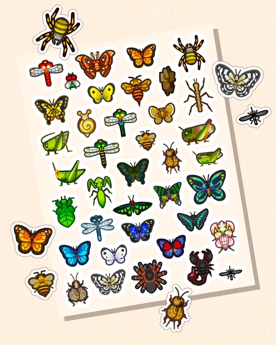 Animal Crossing Bug Sticker Sheets – Cute ACNH Stickers, butterflies, beetles, grasshoppers, crickets, spiders, mantis, centipede, dragonfly