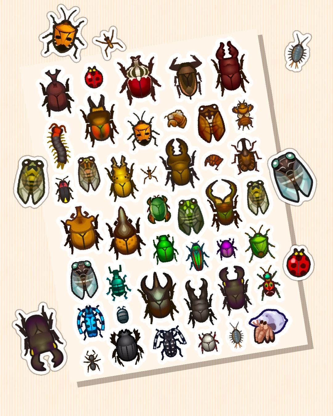 Animal Crossing Bug Sticker Sheets – Cute ACNH Stickers, butterflies, beetles, grasshoppers, crickets, spiders, mantis, centipede, dragonfly