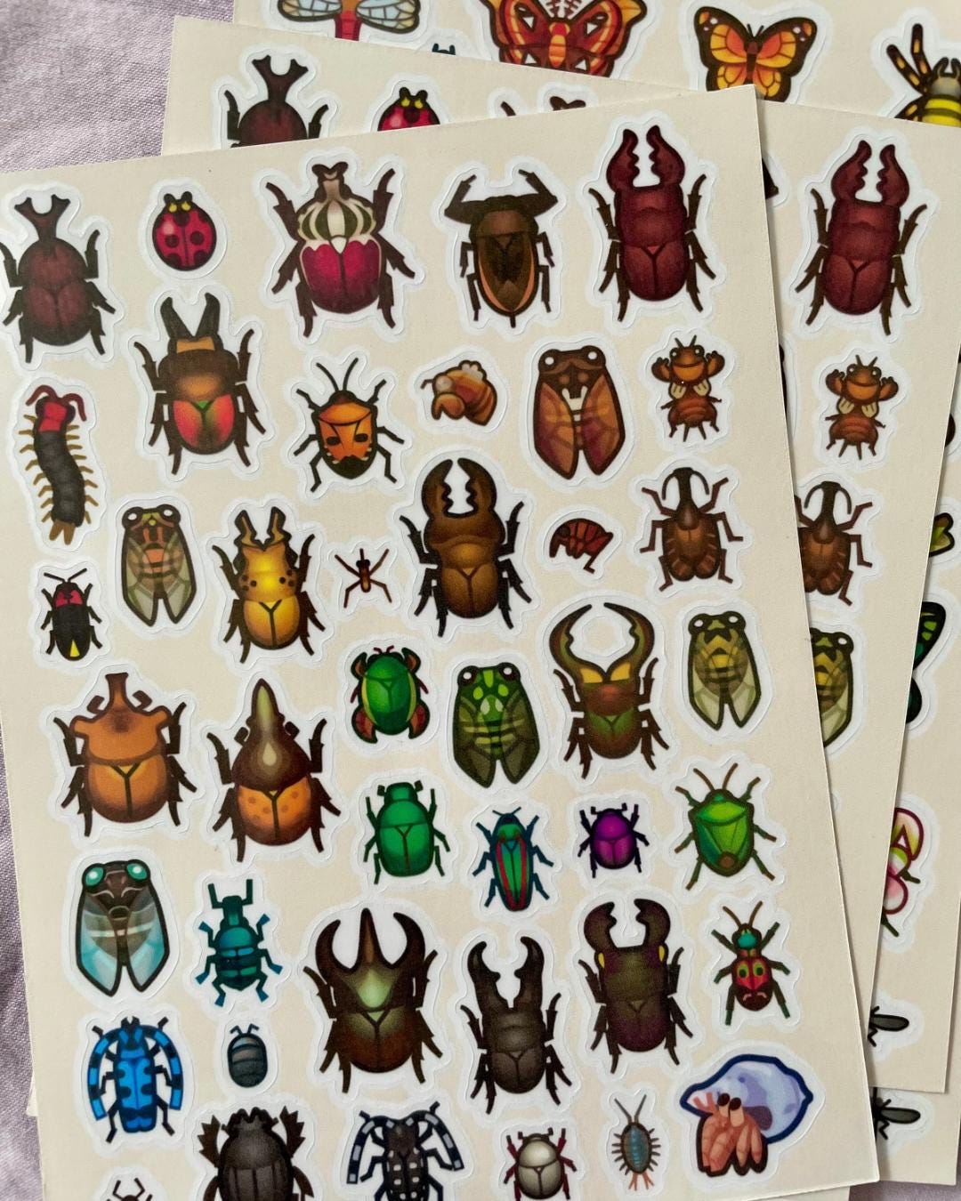 Animal Crossing Bug Sticker Sheets – Cute ACNH Stickers, butterflies, beetles, grasshoppers, crickets, spiders, mantis, centipede, dragonfly