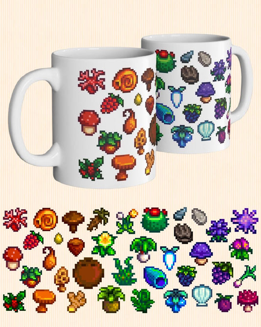 Stardew Valley Foraging Mug - All Forage Items, Cozy Gamer Gift, Cottagecore Farm Aesthetic, Farmer Life Coffee Mug Mushroom Beach Collector