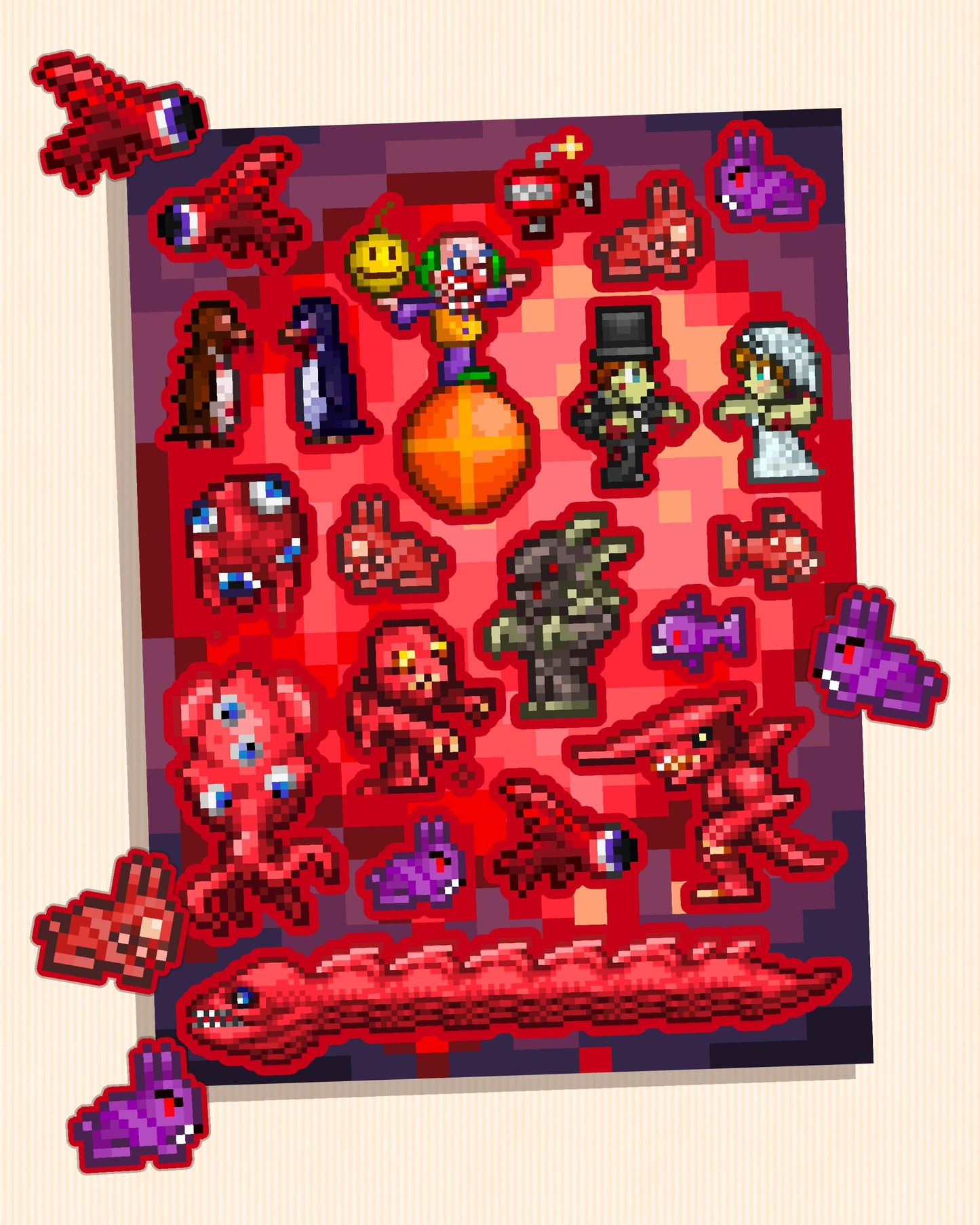 Terraria Sticker Sheet - Blood Moon Monsters & Villains | Iconic Bad Guys from the Nighttime Event - Evil Clown, Corrupt Bunny Rabbit Rabid