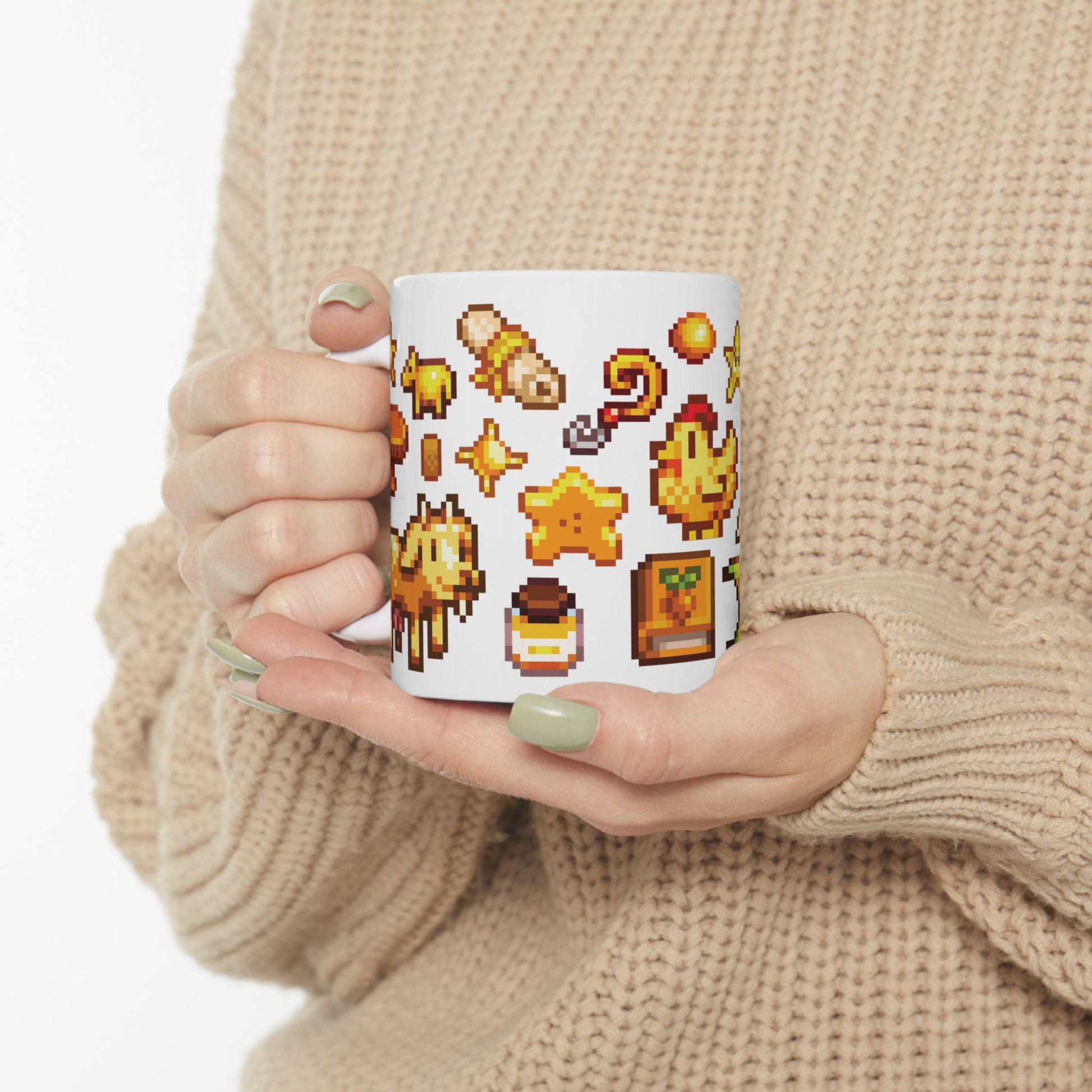 Stardew Valley Yellow Aesthetic Mug - Sunflower, Chicken, Honey, Golden Star, Cheese, Cozy Gamer Coffee Cup, Cottagecore Gift Farm Style