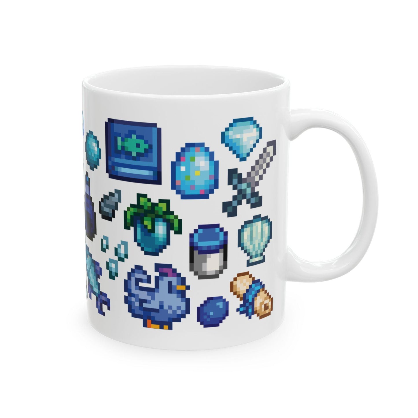 Stardew Valley Blue Aesthetic Mug - Fish, Gems, Qi Bean, Blue Chicken, Movie Poster, Cozy Gamer Coffee Cup, Gift for Stardew Collectors