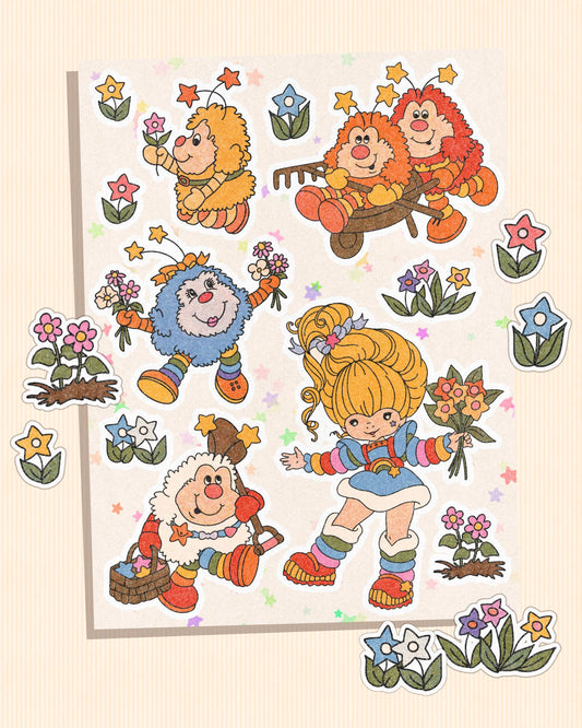 Retro Cartoon Blooms Sticker Sheet | Nostalgic Stickers for Fans of 80s Animation - Rainbow Sprites Cute Scifi Aesthetic Vintage Look