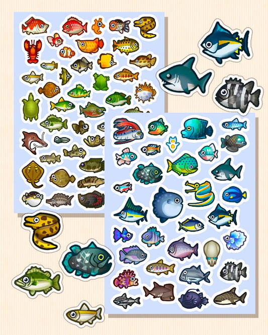 Animal Crossing Fish Sticker Sheets – Cute ACNH Fishing Stickers, Koi, Sharks, Coelacanth, Sea Bass, Aquarium Stickers, Waterproof Vinyl