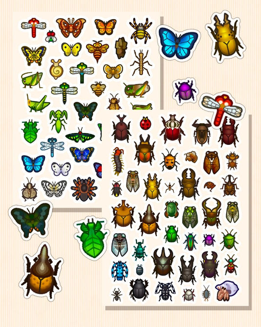 Animal Crossing Bug Sticker Sheets – Cute ACNH Stickers, butterflies, beetles, grasshoppers, crickets, spiders, mantis, centipede, dragonfly