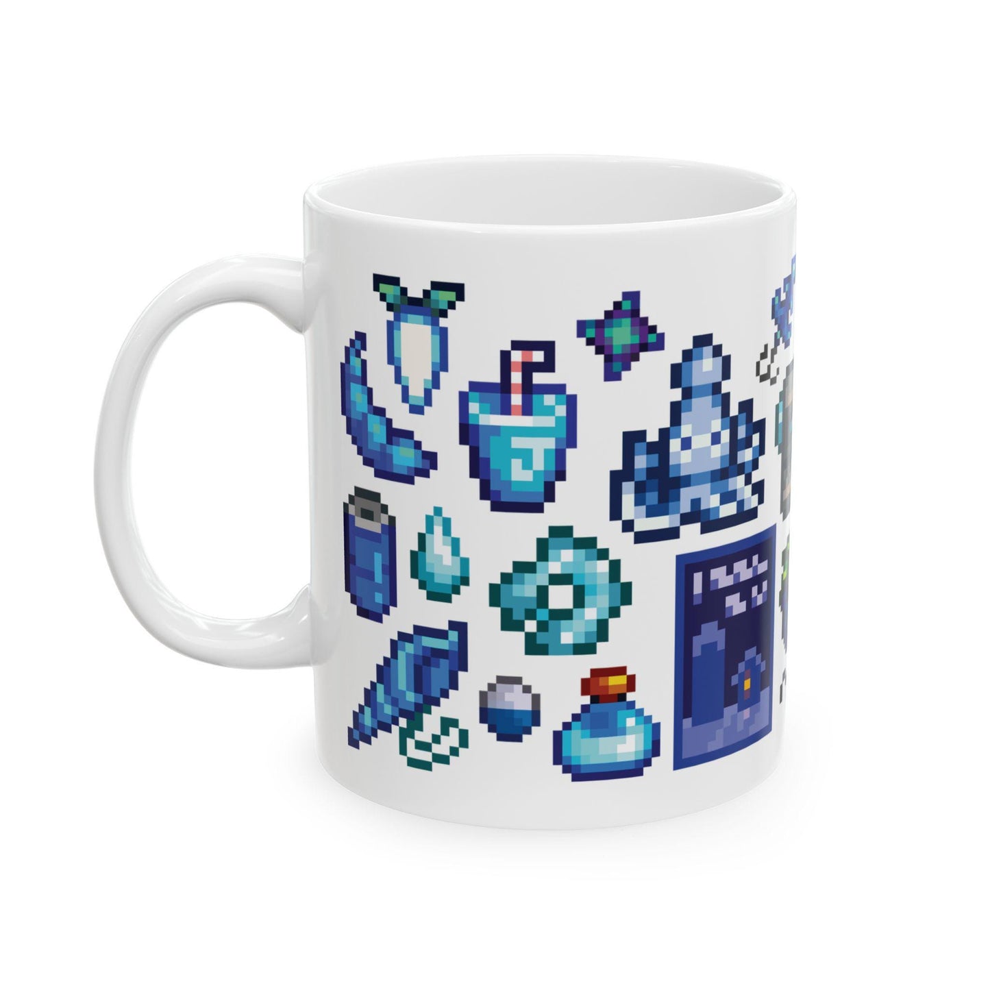Stardew Valley Blue Aesthetic Mug - Fish, Gems, Qi Bean, Blue Chicken, Movie Poster, Cozy Gamer Coffee Cup, Gift for Stardew Collectors