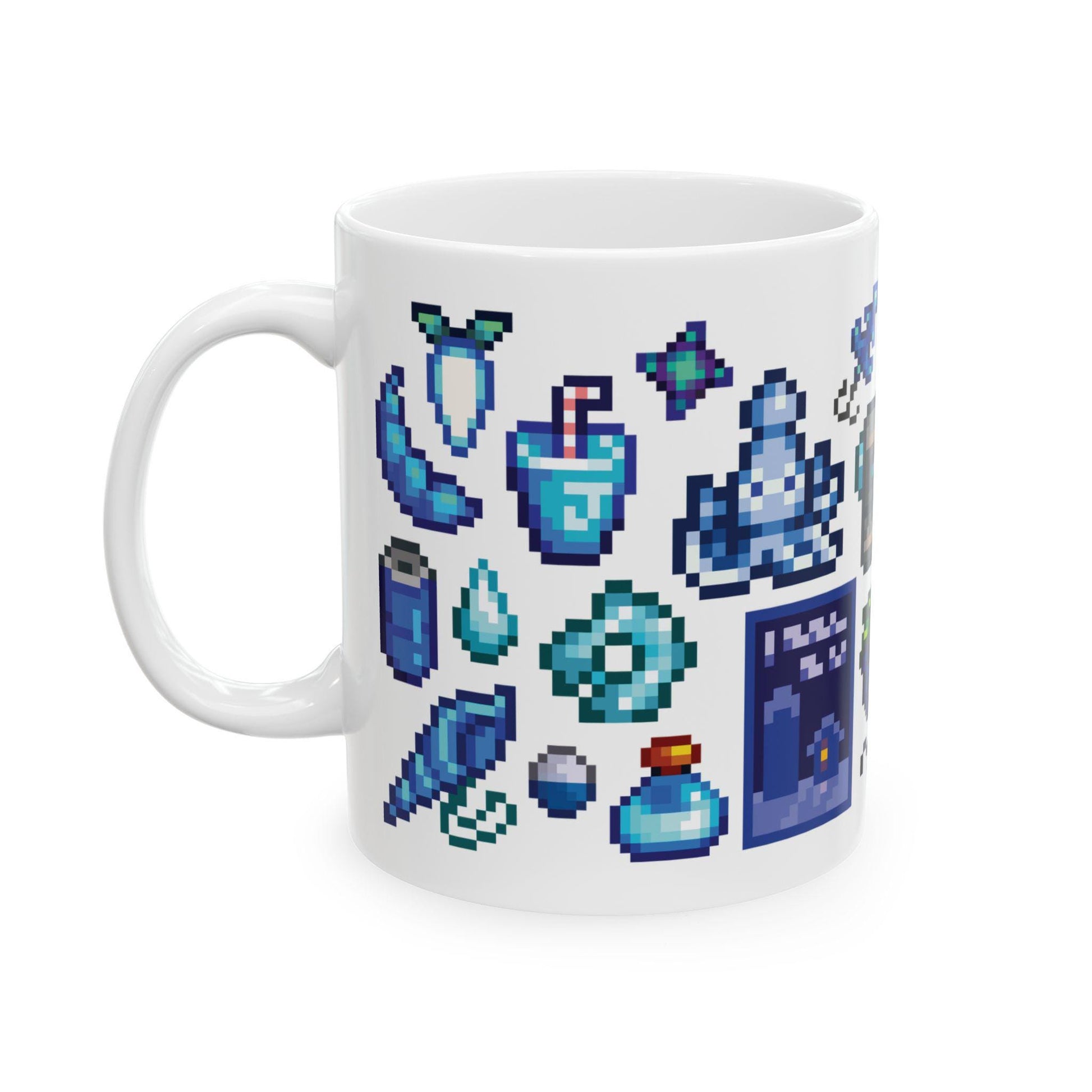 Stardew Valley Blue Aesthetic Mug - Fish, Gems, Qi Bean, Blue Chicken, Movie Poster, Cozy Gamer Coffee Cup, Gift for Stardew Collectors