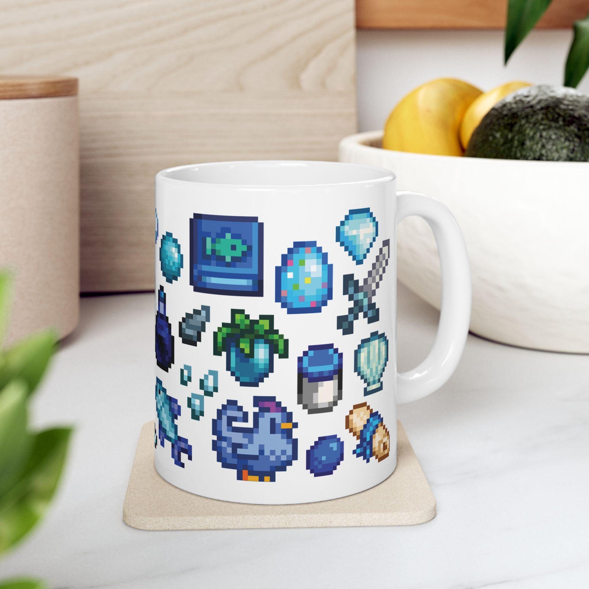 Stardew Valley Blue Aesthetic Mug - Fish, Gems, Qi Bean, Blue Chicken, Movie Poster, Cozy Gamer Coffee Cup, Gift for Stardew Collectors
