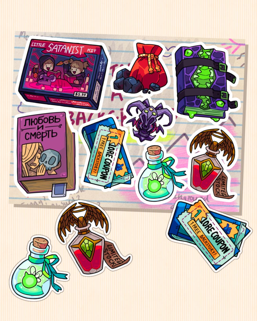 Monster Prom Party Sticker Sheet - Fantasy, Potions, Board Games, Dragon, Necronomicon, Coupon, Satanic - Super Fun Dark Humor Funny Gift