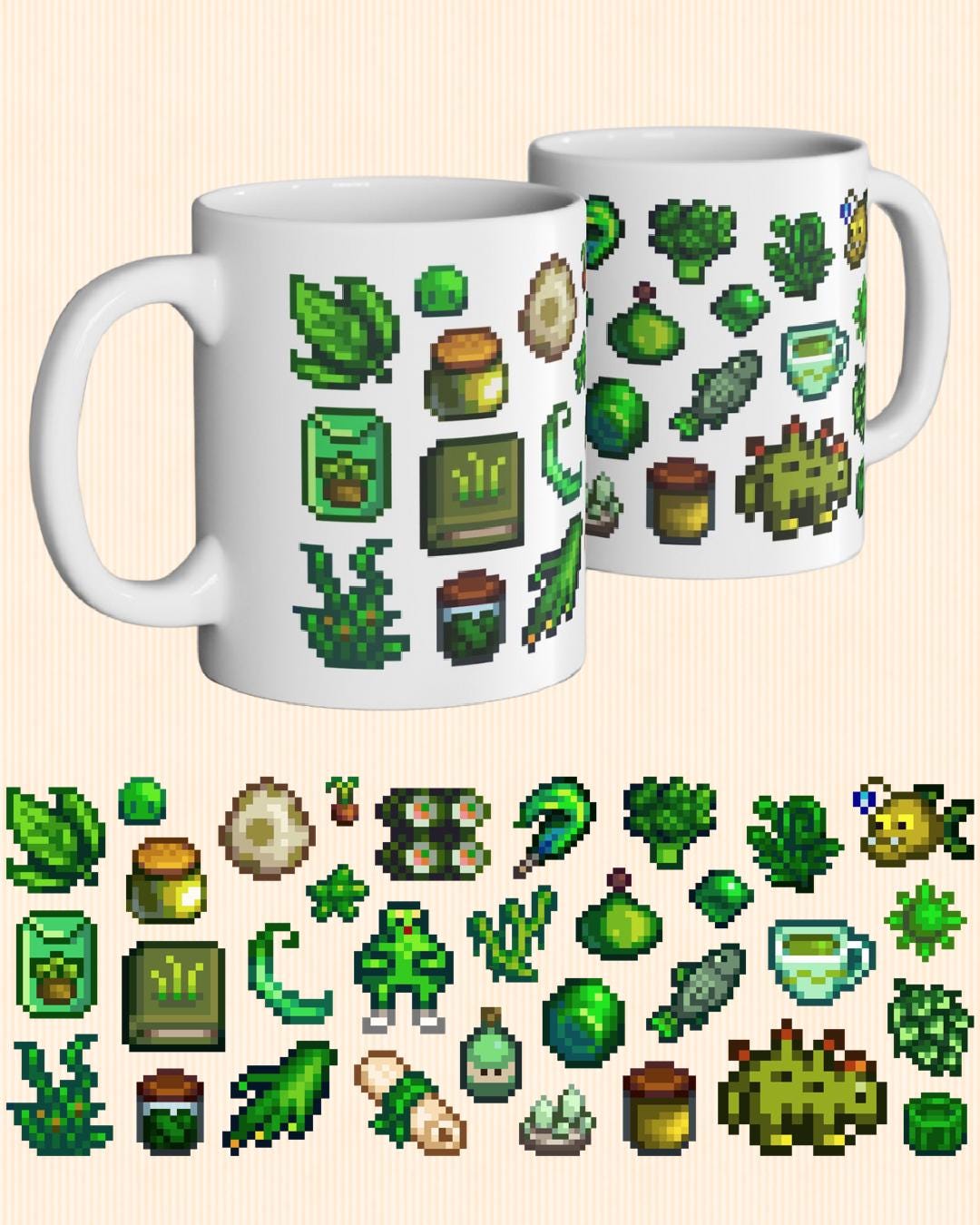 Stardew Valley Green Aesthetic Mug - Dinosaur, Sushi, Crops, Strange Doll, Wumpus, Funny Fish, Green Tea