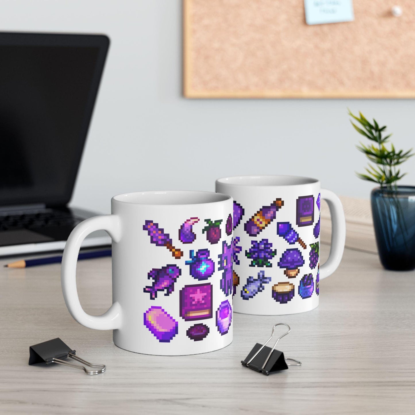 Stardew Valley Purple Aesthetic Mug - Iridium Cat, Mayor's Shorts, Stardrop Tea, Magical Items, Rock Candy, Fishing
