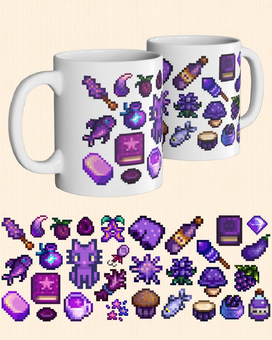 Stardew Valley Purple Aesthetic Mug - Iridium Cat, Mayor's Shorts, Stardrop Tea, Magical Items, Rock Candy, Fishing