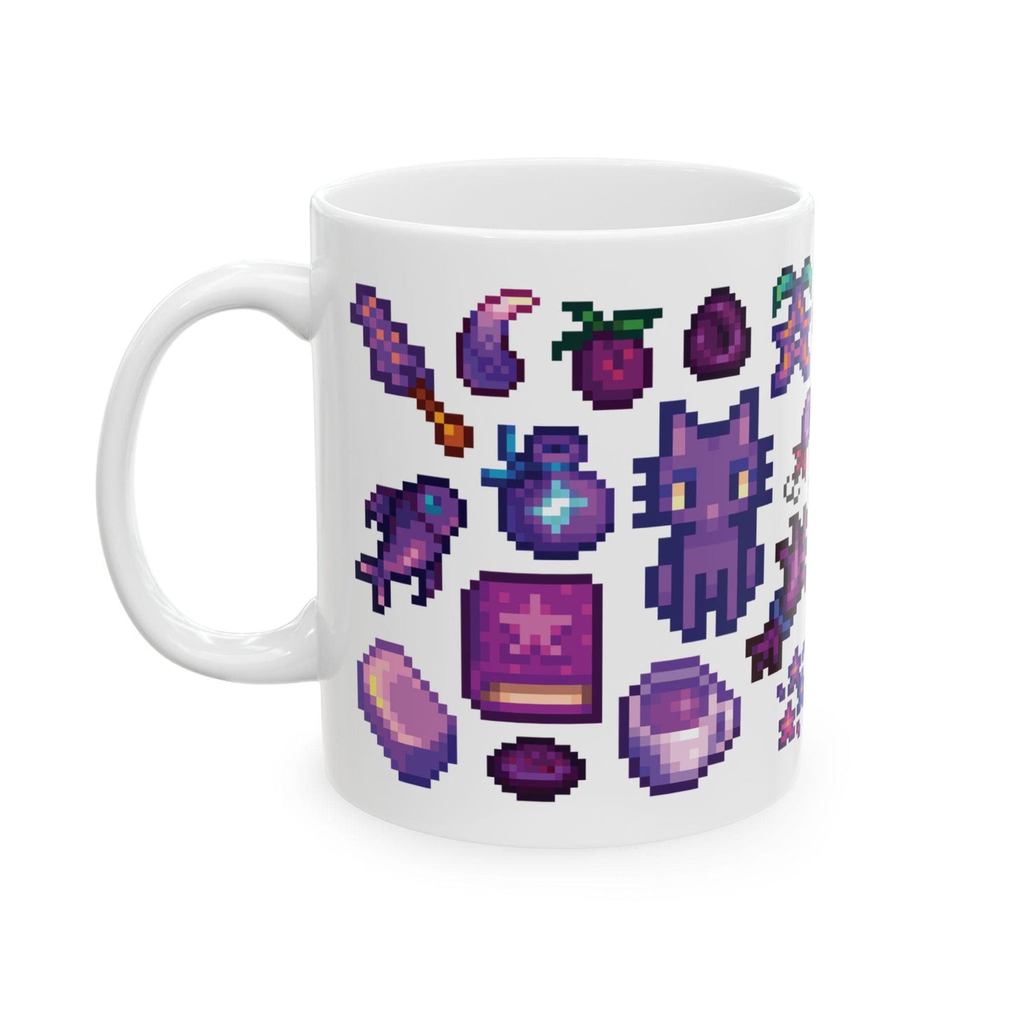 Stardew Valley Purple Aesthetic Mug - Iridium Cat, Mayor's Shorts, Stardrop Tea, Magical Items, Rock Candy, Fishing