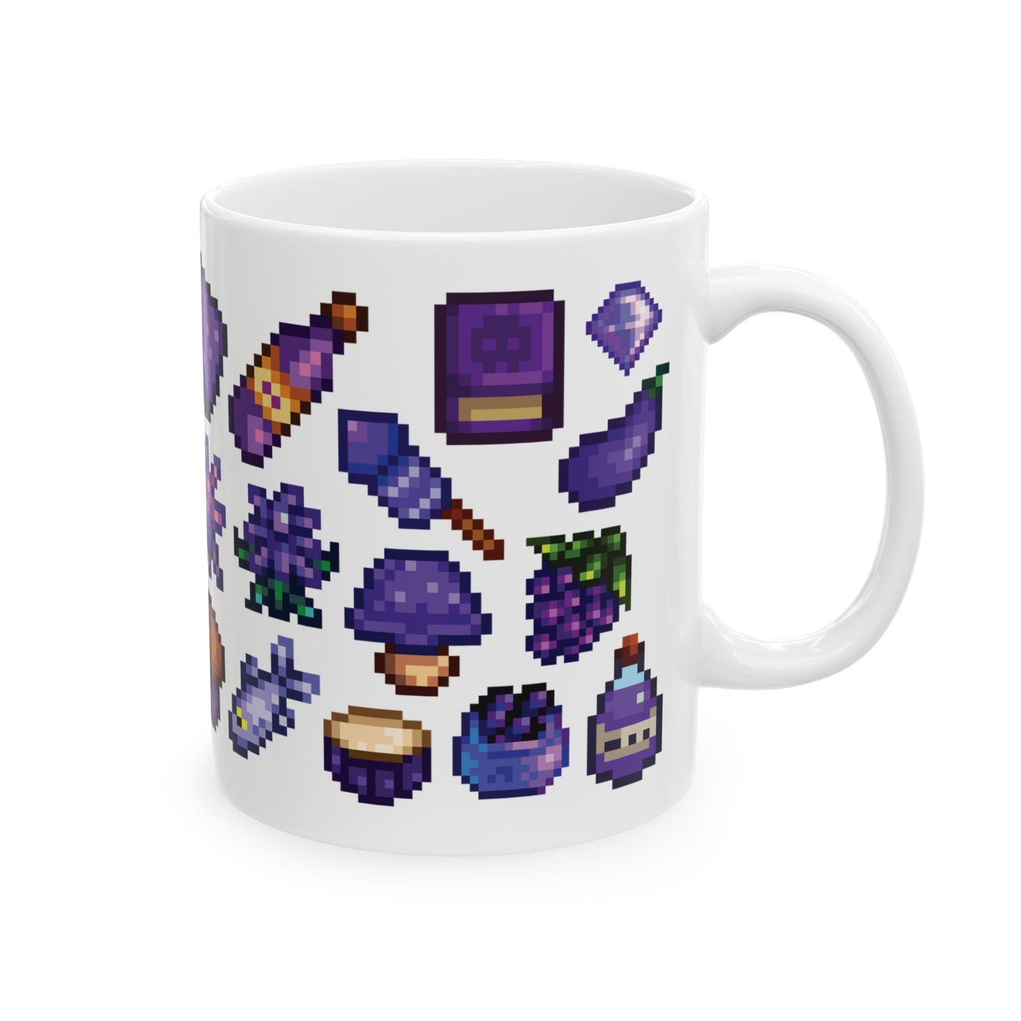 Stardew Valley Purple Aesthetic Mug - Iridium Cat, Mayor's Shorts, Stardrop Tea, Magical Items, Rock Candy, Fishing