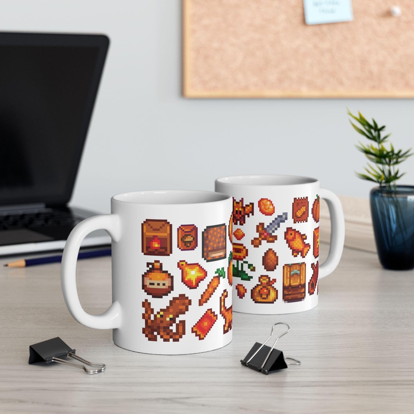 Stardew Valley Orange Aesthetic Mug - Fish, Gems, Garfield Cat, Book, Golden Ticket, Tourney Star Tag, Shipping Container, Treasures