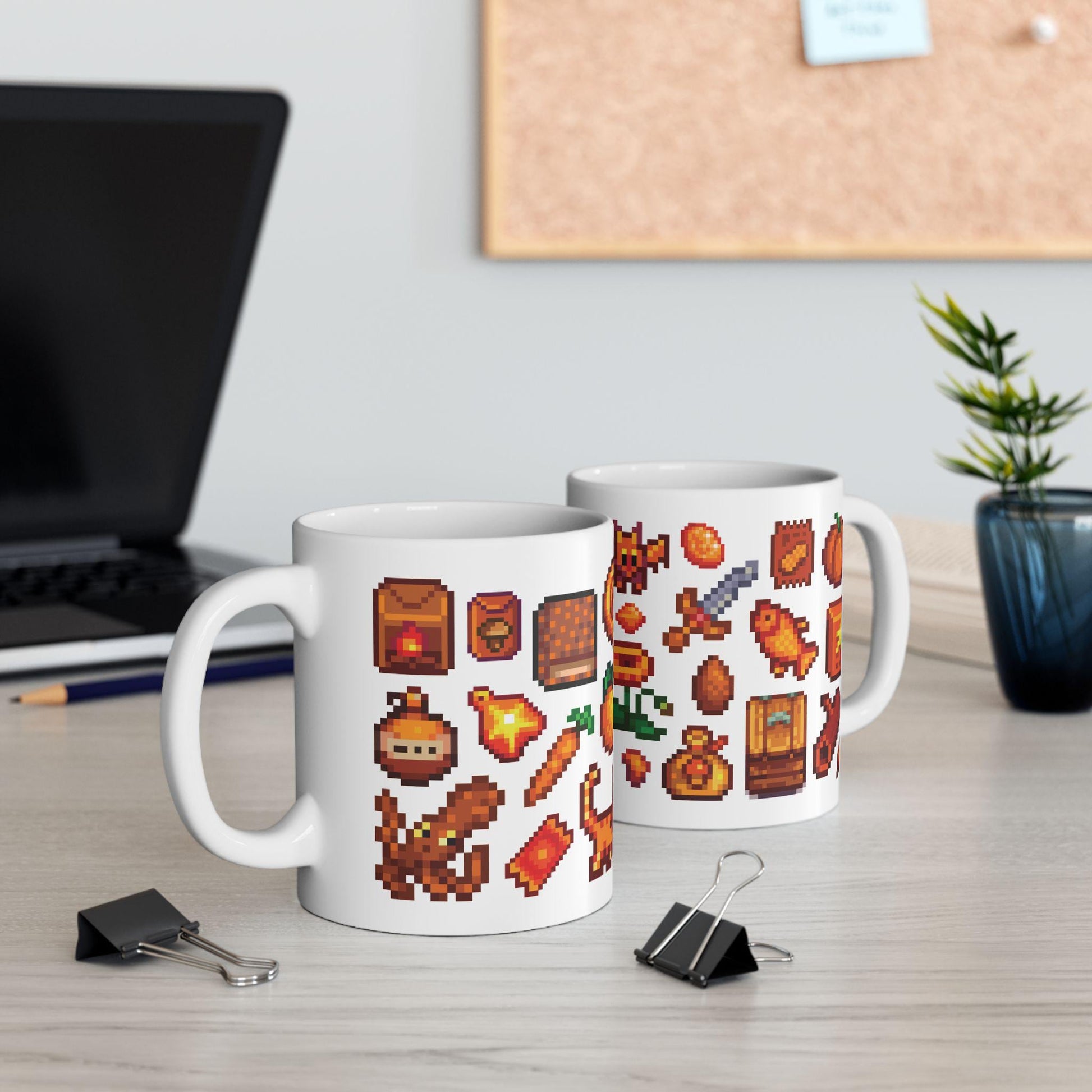 Stardew Valley Orange Aesthetic Mug - Fish, Gems, Garfield Cat, Book, Golden Ticket, Tourney Star Tag, Shipping Container, Treasures