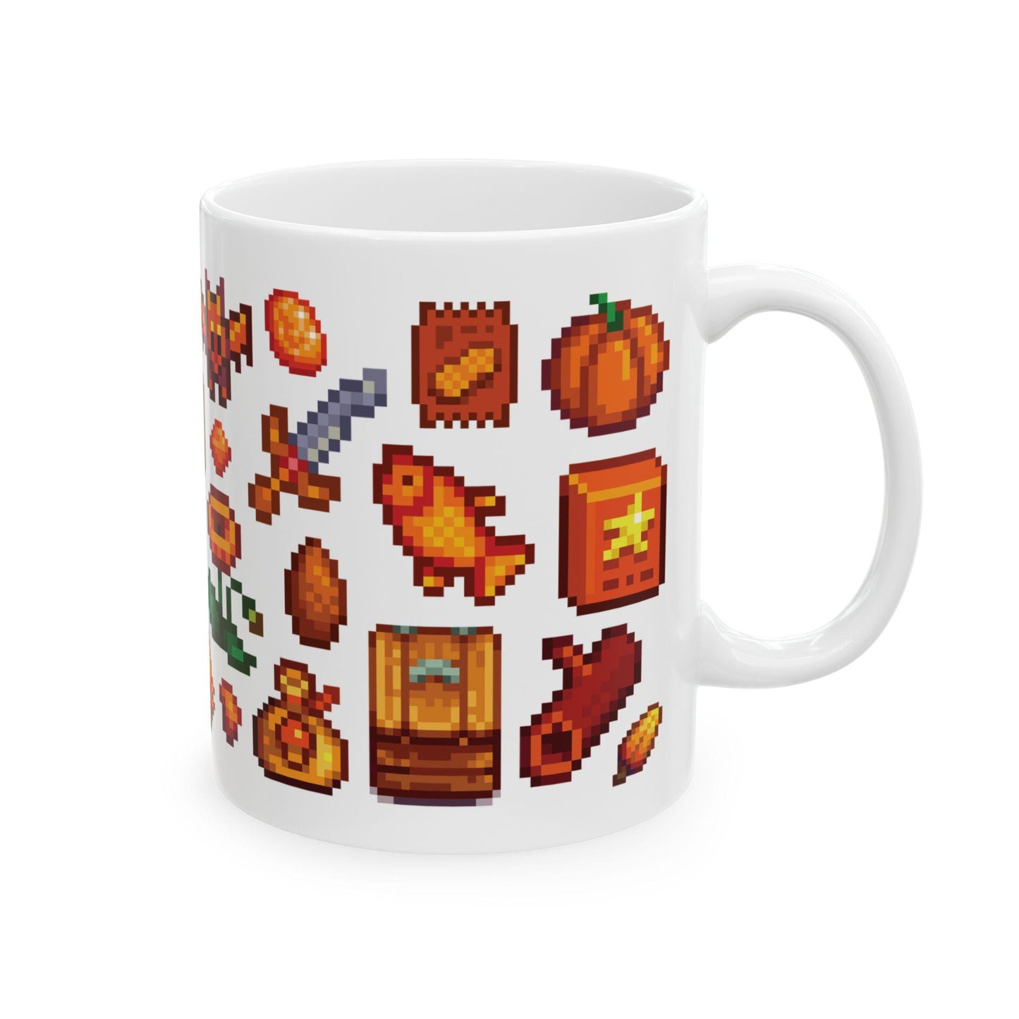 Stardew Valley Orange Aesthetic Mug - Fish, Gems, Garfield Cat, Book, Golden Ticket, Tourney Star Tag, Shipping Container, Treasures