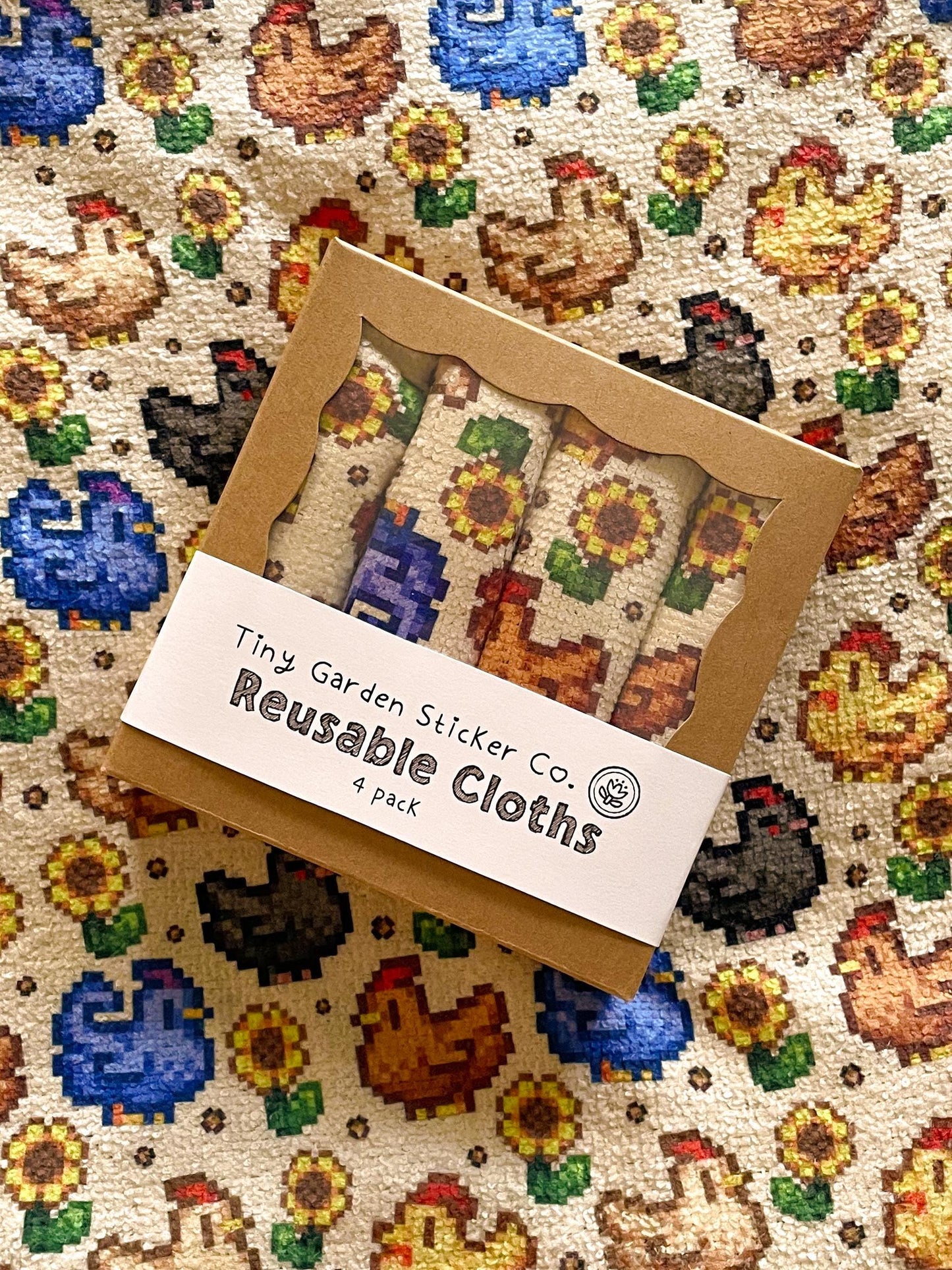 Sunny Henhouse Collection — Stardew Valley Inspired Microfiber Cloth Set | Chickens & Sunflowers Design, Set of 4, 12x12