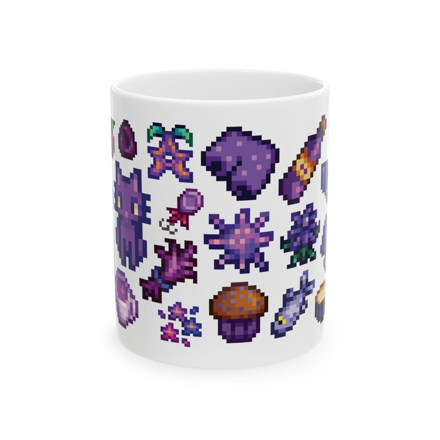 Stardew Valley Purple Aesthetic Mug - Iridium Cat, Mayor's Shorts, Stardrop Tea, Magical Items, Rock Candy, Fishing