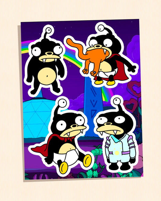Retro Cartoon Space Pet Sticker Sheet | 4 Nibbler Variants | Feral, Pet, Cat-Eating, Uniformed Alien Cutie - Funny Boston Terrier