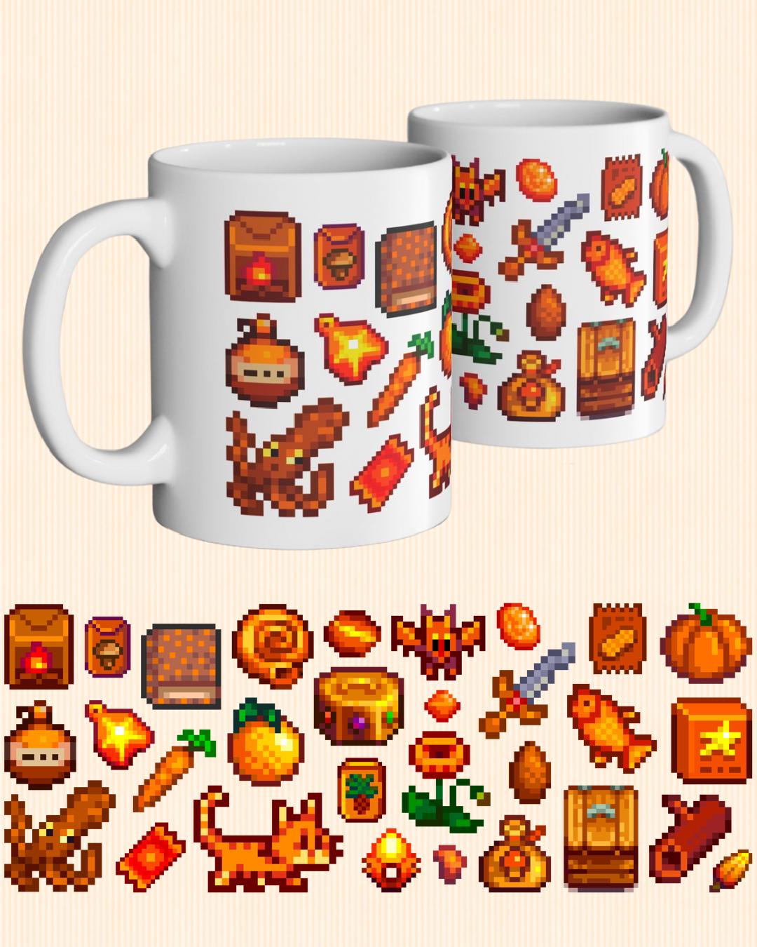 Stardew Valley Orange Aesthetic Mug - Fish, Gems, Garfield Cat, Book, Golden Ticket, Tourney Star Tag, Shipping Container, Treasures