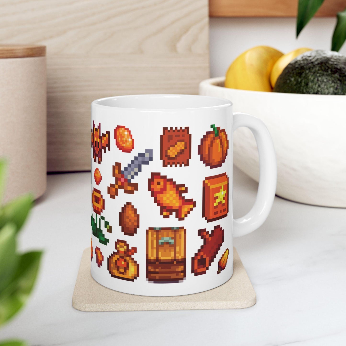 Stardew Valley Orange Aesthetic Mug - Fish, Gems, Garfield Cat, Book, Golden Ticket, Tourney Star Tag, Shipping Container, Treasures