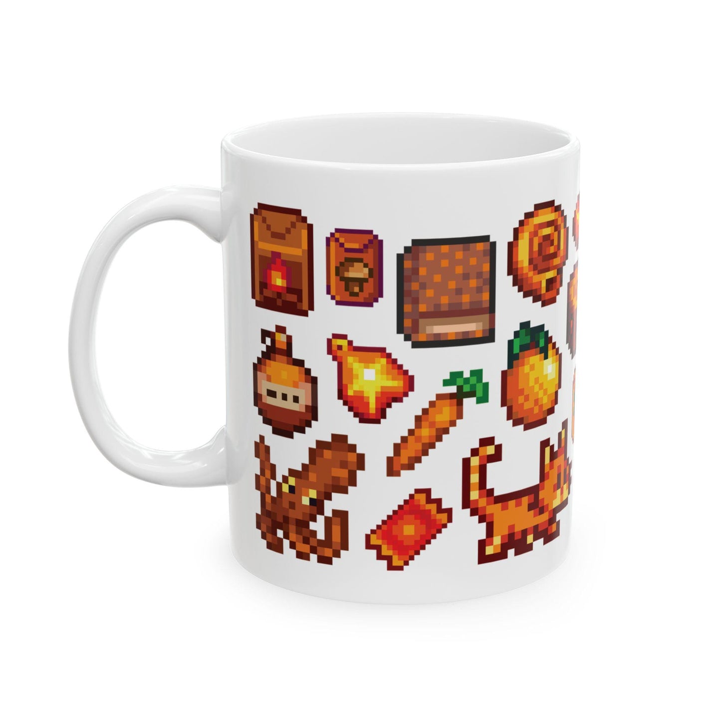 Stardew Valley Orange Aesthetic Mug - Fish, Gems, Garfield Cat, Book, Golden Ticket, Tourney Star Tag, Shipping Container, Treasures