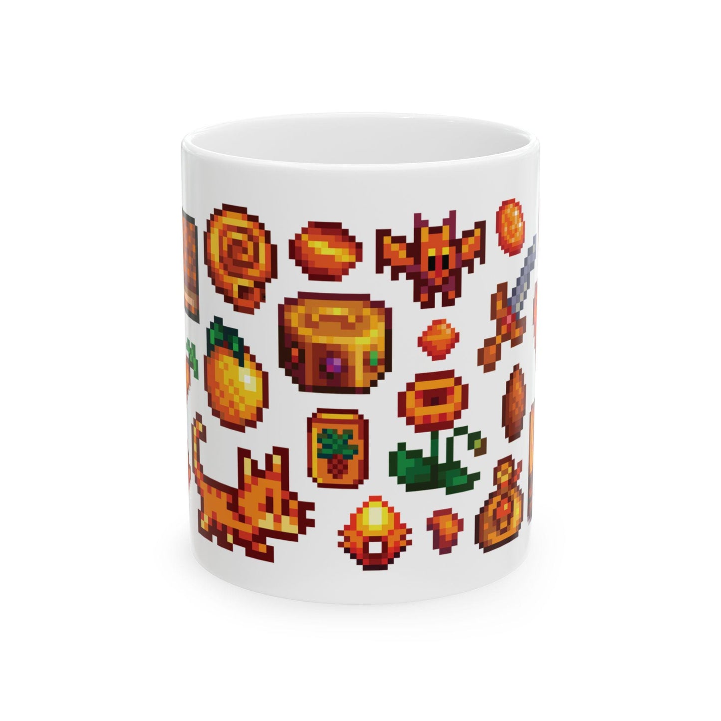 Stardew Valley Orange Aesthetic Mug - Fish, Gems, Garfield Cat, Book, Golden Ticket, Tourney Star Tag, Shipping Container, Treasures