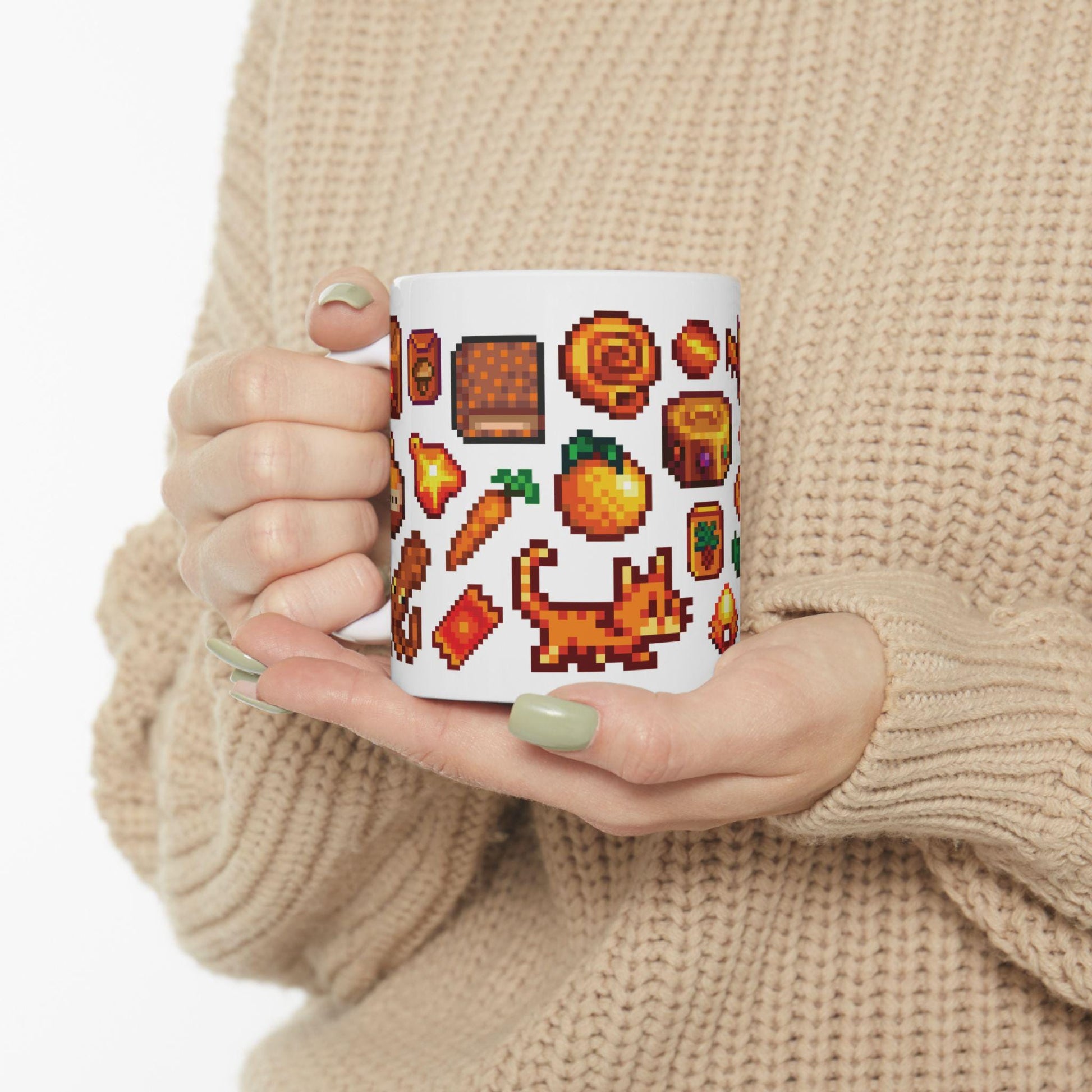 Stardew Valley Orange Aesthetic Mug - Fish, Gems, Garfield Cat, Book, Golden Ticket, Tourney Star Tag, Shipping Container, Treasures