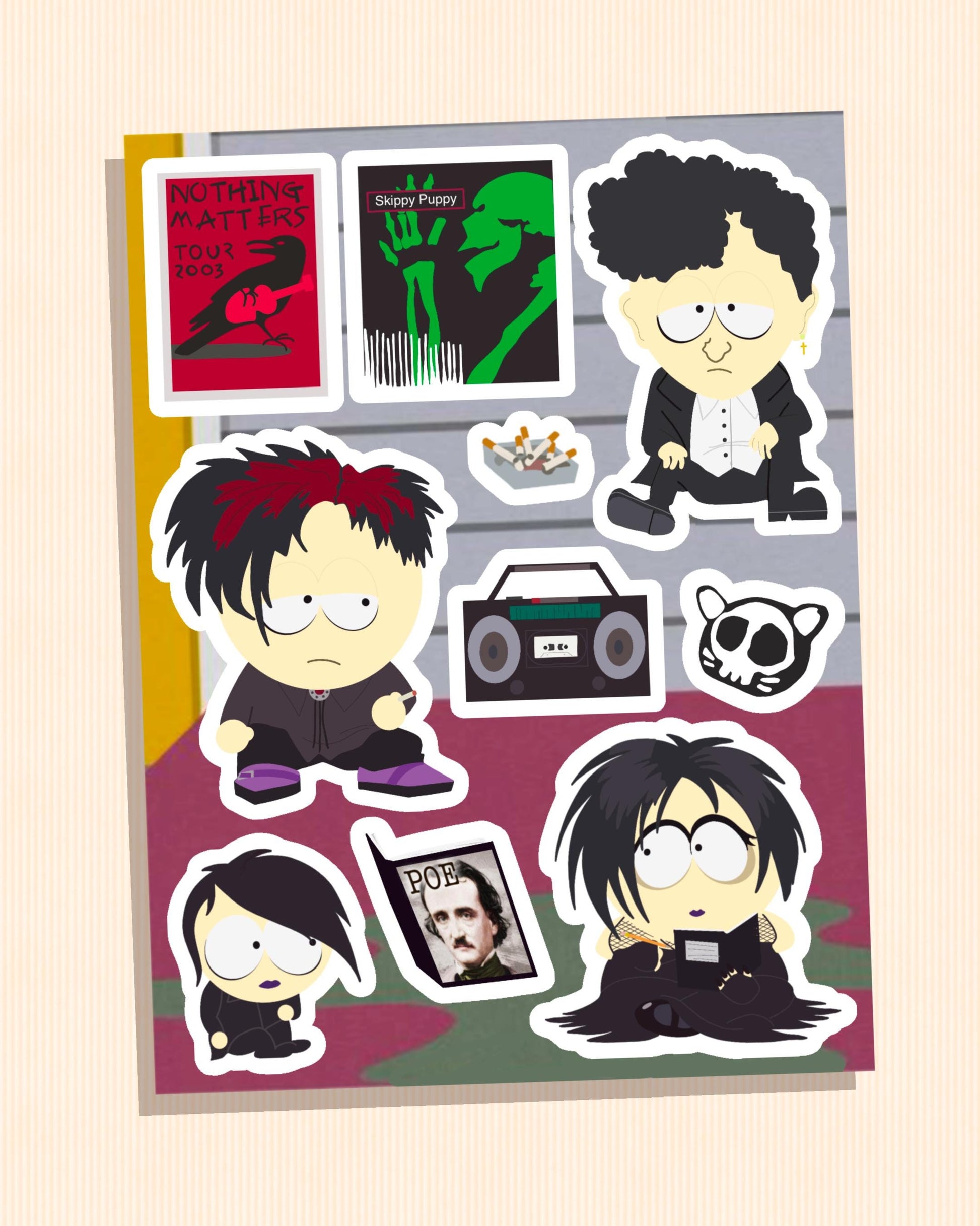 Goth Kids Sticker Sheet | Nostalgic Stickers for Fans of 00s Animation Edgar Allen Poe Skinny Puppy Hot Topic