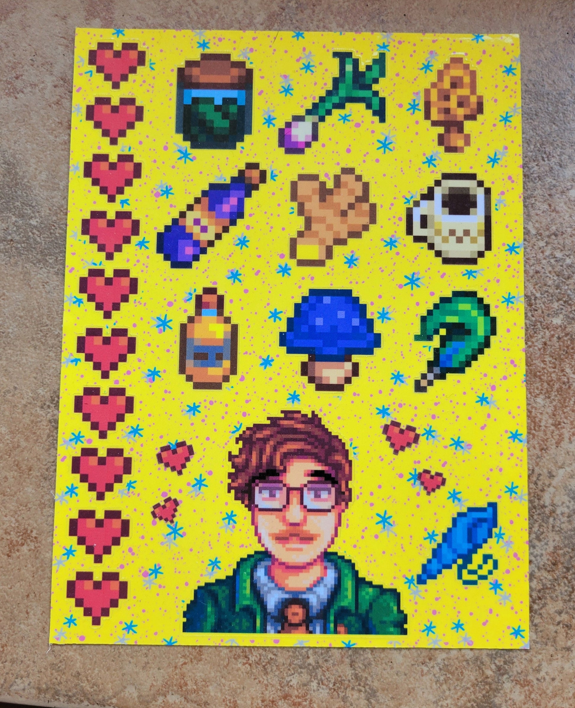 Stardew Valley - Harvey Character Personality Sticker Sheet | SDV Mushroom, Coffee, Wine, Ginger, Mermaid Shell & Friendship Hearts!