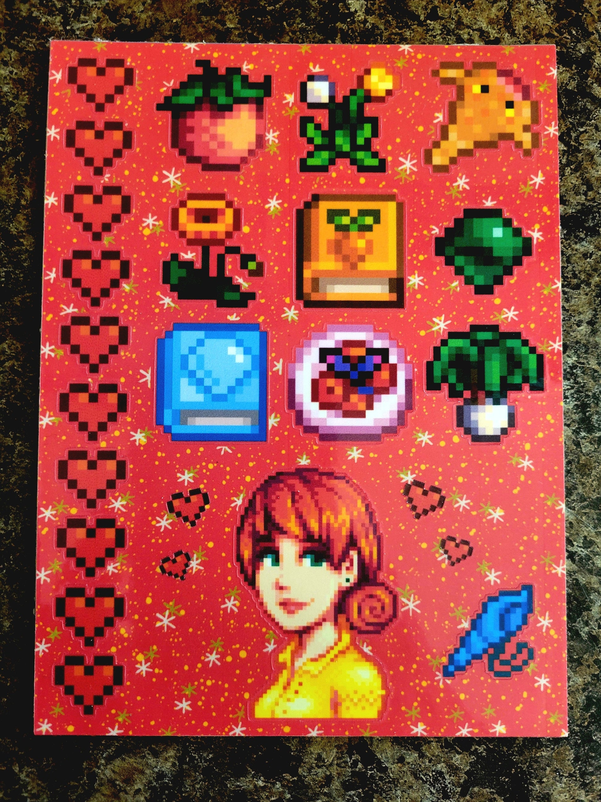 Stardew Valley - Penny Character Personality Sticker Sheet | SDV Books Library, Emerald, Mermaid Shell & Friendship Hearts Home School