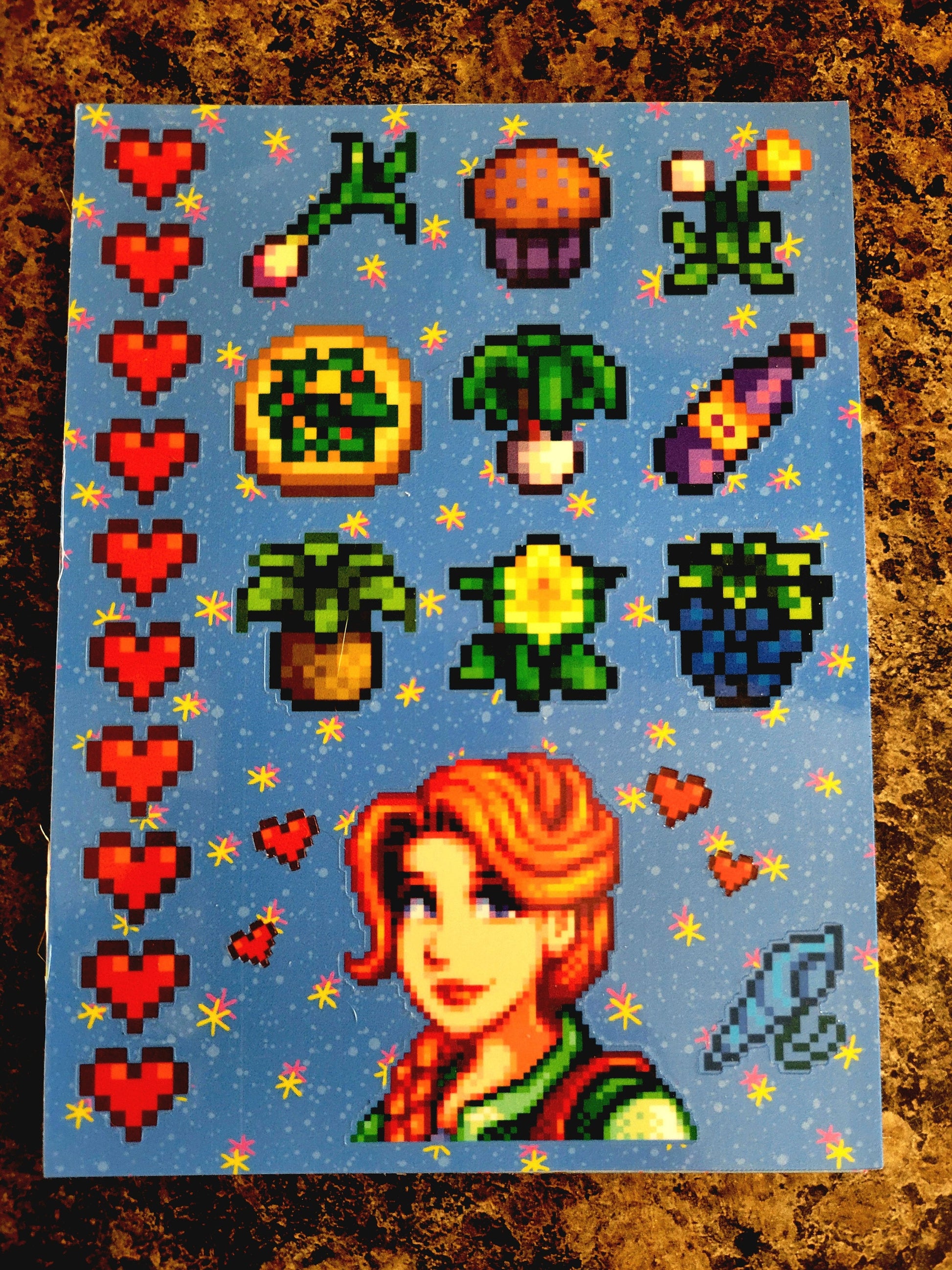 Stardew Valley - Leah Character Personality Sticker Sheet | SDV Foraging Foods, Wine, Poppy seed Muffin, Mermaid Shell & Friendship Hearts!