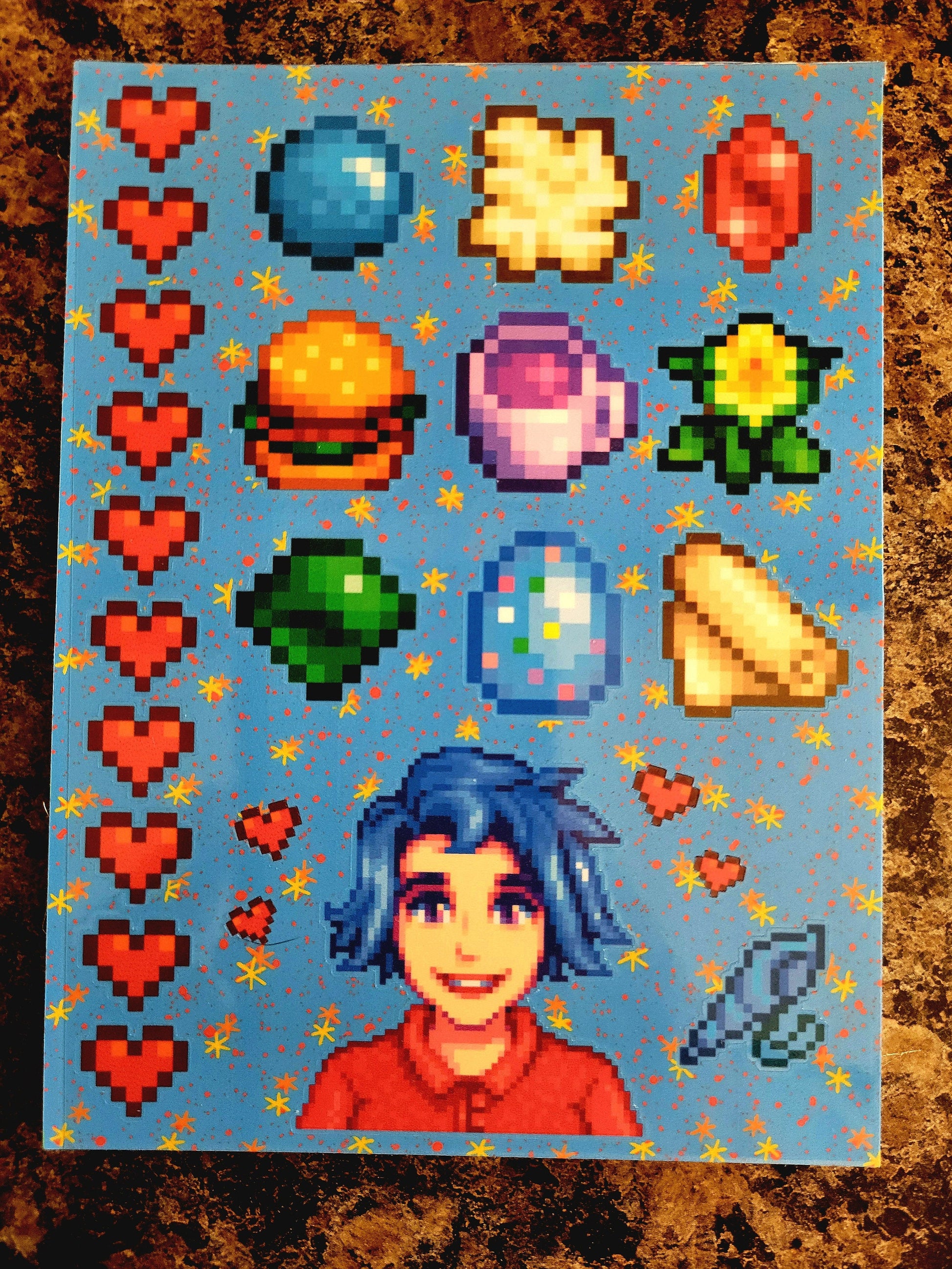 Stardew Valley - Emily Character Personality Sticker Sheet | SDV Gems, Fabric Cloth, Survival Burger, Mermaid Shell & Friendship Hearts