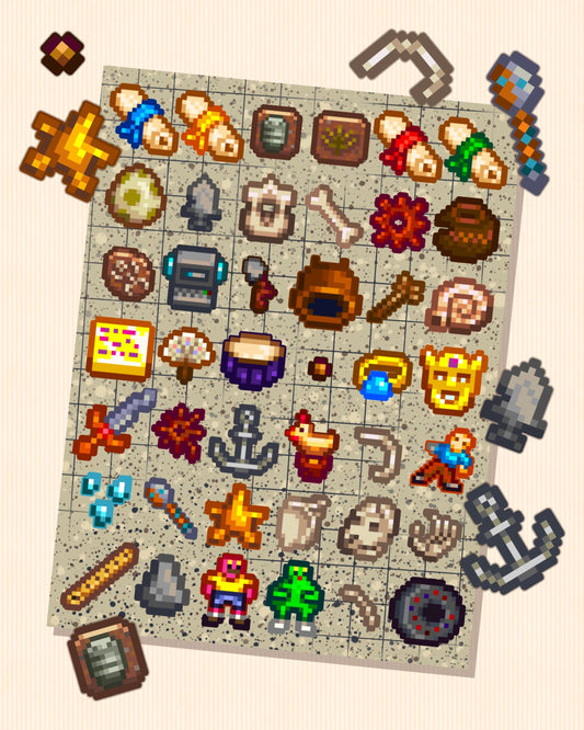 Stardew Valley Artifacts Sticker Sheet – SDV Complete Collection of 42 Unique Artifact Stickers, Perfect for Decor, Journals, Scrapbooks