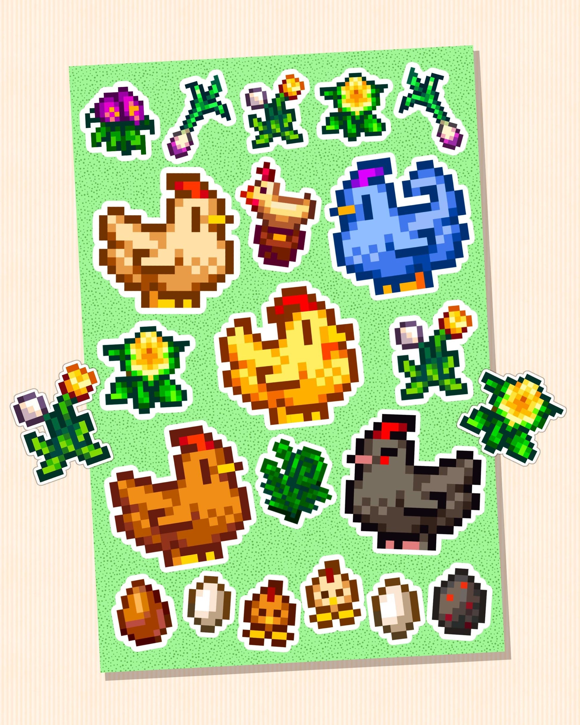 Stardew Valley Chicken Sticker Sheet | Adorable SDV Chicks Eggs and Flowers - Cute Stickers for Decor, Planners, Gifts Blue Void Golden