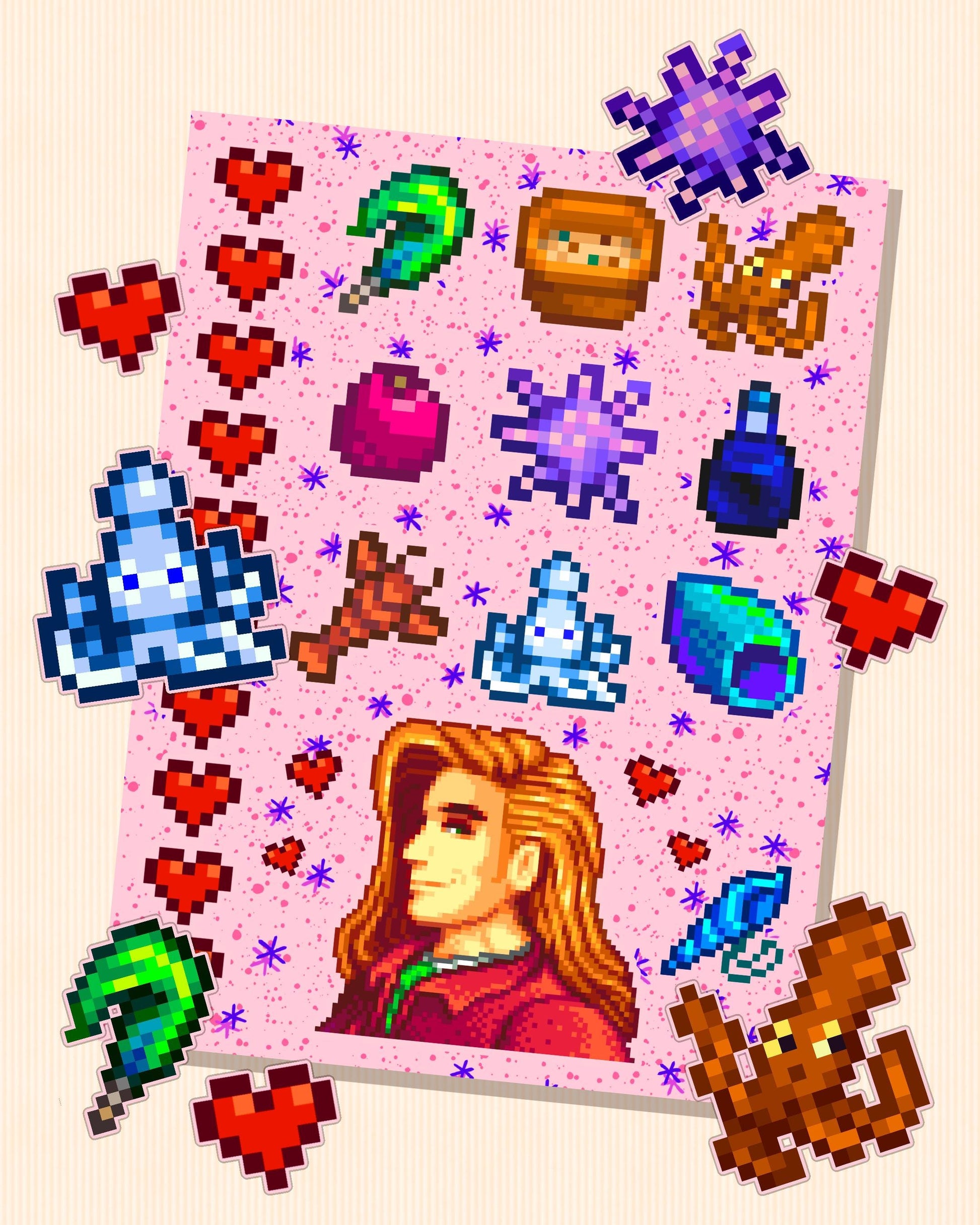 Stardew Valley - Elliott Character Personality Sticker Sheet | SDV Octopus, Squid, Duck Feather, Mermaid Shell & Friendship Hearts! Handsome