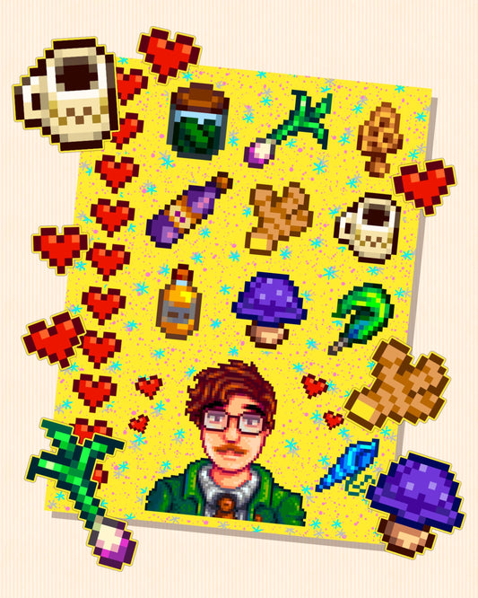 Stardew Valley - Harvey Character Personality Sticker Sheet | SDV Mushroom, Coffee, Wine, Ginger, Mermaid Shell & Friendship Hearts!