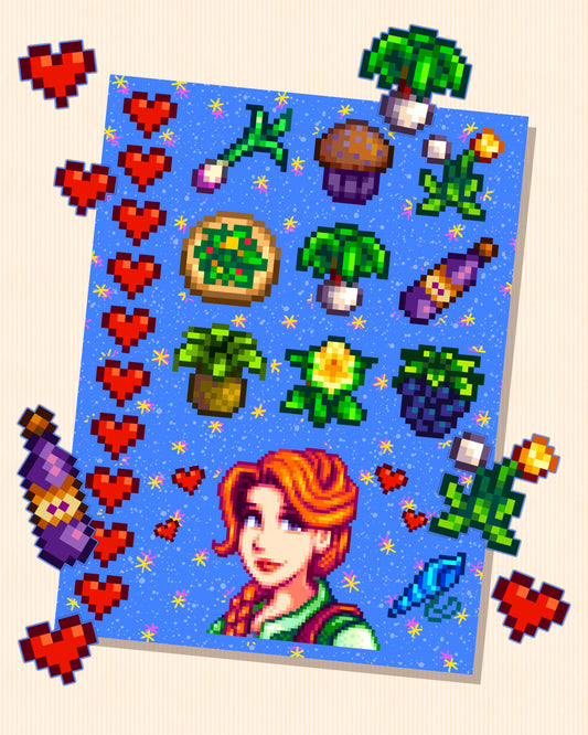 Stardew Valley - Leah Character Personality Sticker Sheet | SDV Foraging Foods, Wine, Poppy seed Muffin, Mermaid Shell & Friendship Hearts!