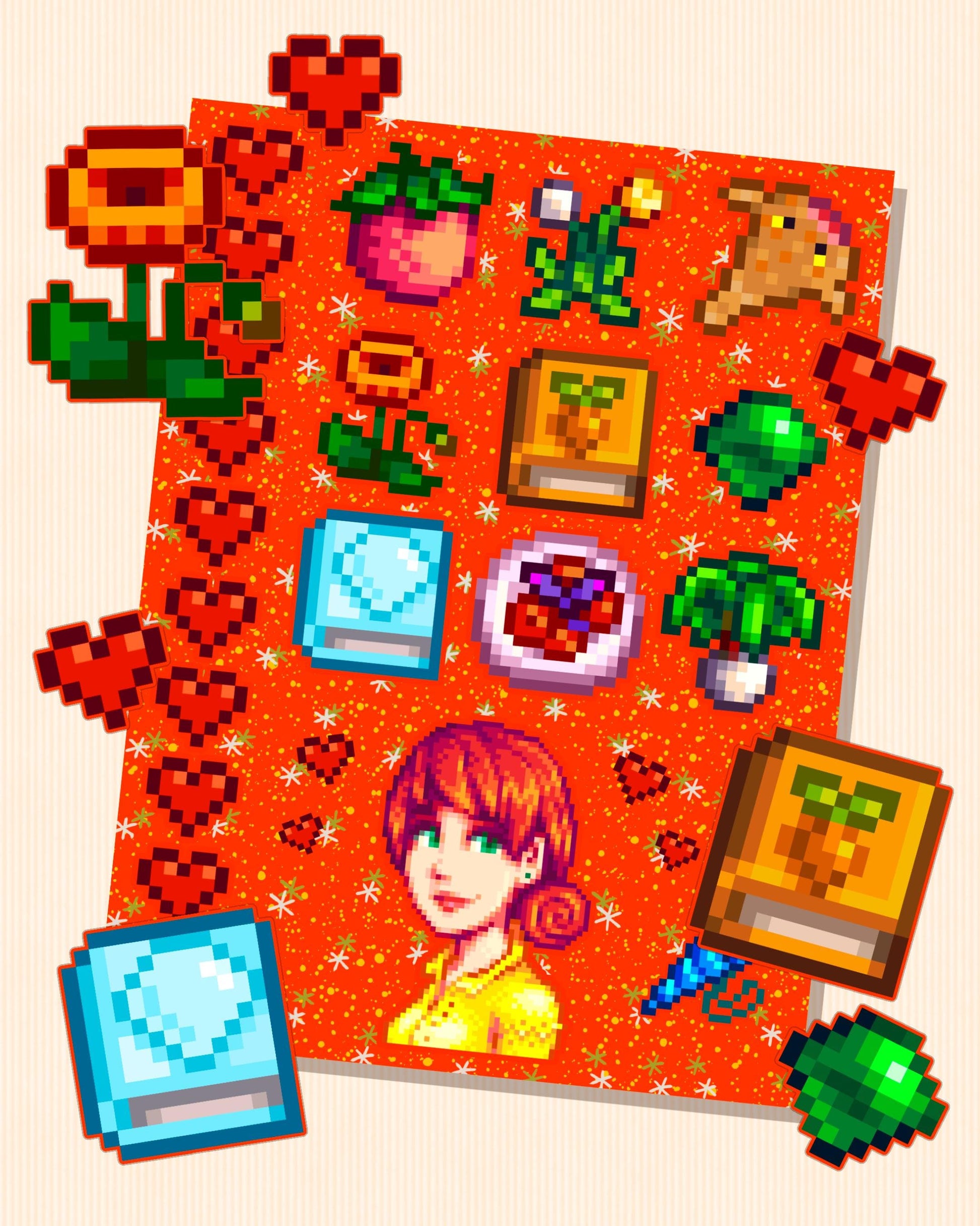 Stardew Valley - Penny Character Personality Sticker Sheet | SDV Books Library, Emerald, Mermaid Shell & Friendship Hearts Home School