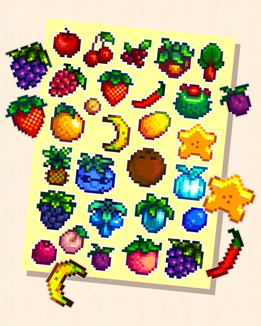 Stardew Valley Fruits Sticker Sheet – Unique SDV Vinyl Stickers | Waterproof | Perfect for Planners, Journals & Gifts - Cozy Gaming Decor