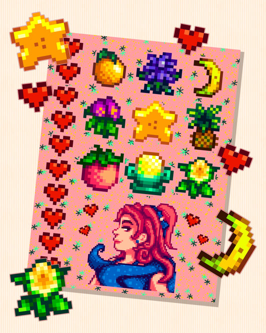 Stardew Valley - Sandy Character Personality Sticker Sheet | SDV Stickers with Fruits, Flowers, Mango Pudding & Friendship Hearts Rare Type