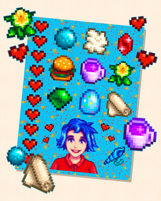 Stardew Valley - Emily Character Personality Sticker Sheet | SDV Gems, Fabric Cloth, Survival Burger, Mermaid Shell & Friendship Hearts