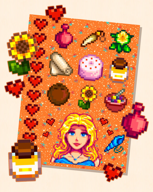 Stardew Valley - Haley Character Personality Sticker Sheet | SDV Pink Cake, Sunflower, Honey, Mermaid Shell & Friendship Hearts Pretty Love