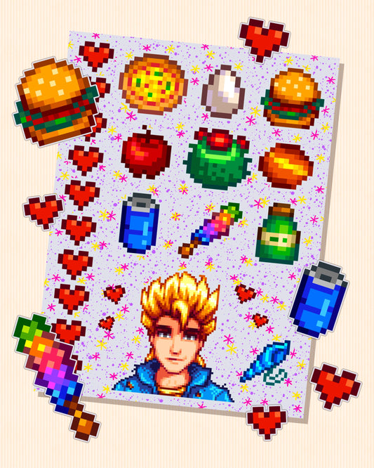 Stardew Valley - Sam Character Personality Sticker Sheet | SDV Tiger's Eye, Rock Candy, Joja Soda, Mermaid Shell & Friendship Hearts Skater