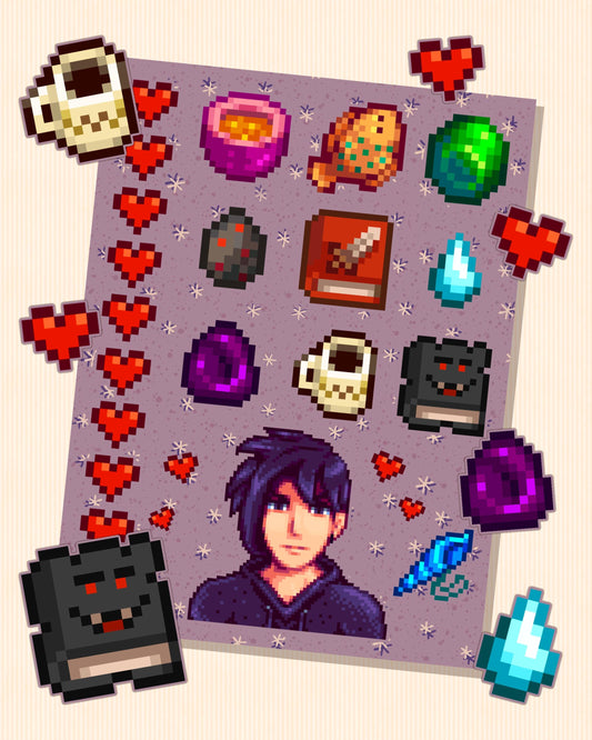 Stardew Valley - Sebastian Character Personality Sticker Sheet | SDV Emo Boyfriend, Coffee, Obsidian, Pumpkin Soup, Mermaid Shell, Hearts