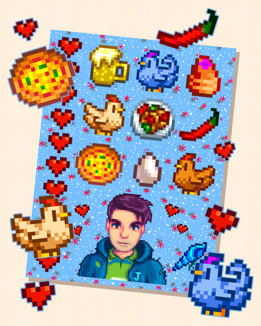 Stardew Valley - Shane Character Personality Sticker Sheet | SDV Chickens, Beer, Hot Peppers, Mermaid Shell & Friendship Hearts